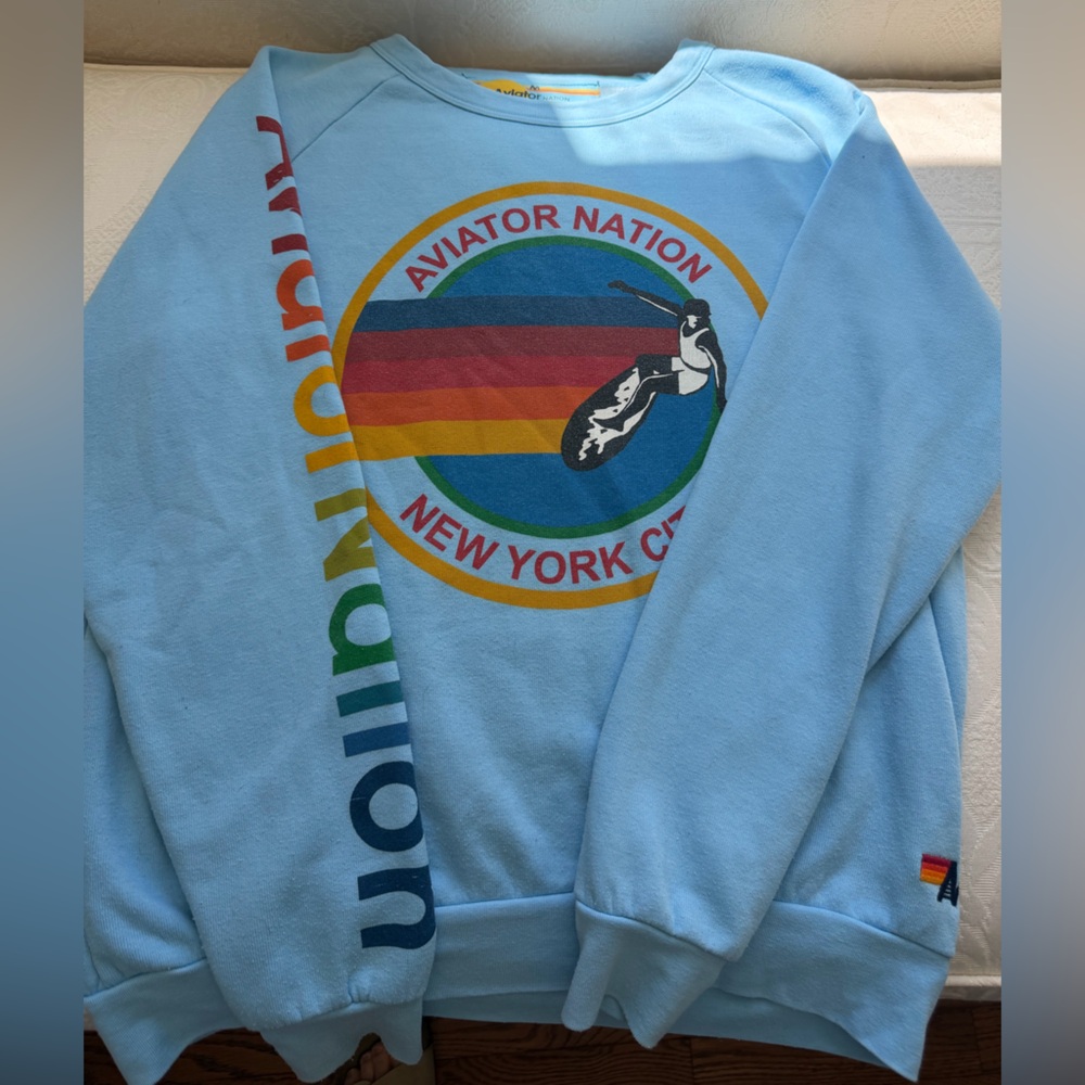 Aviator Nation Light Blue Retro Rainbow Diver Sweatshirt